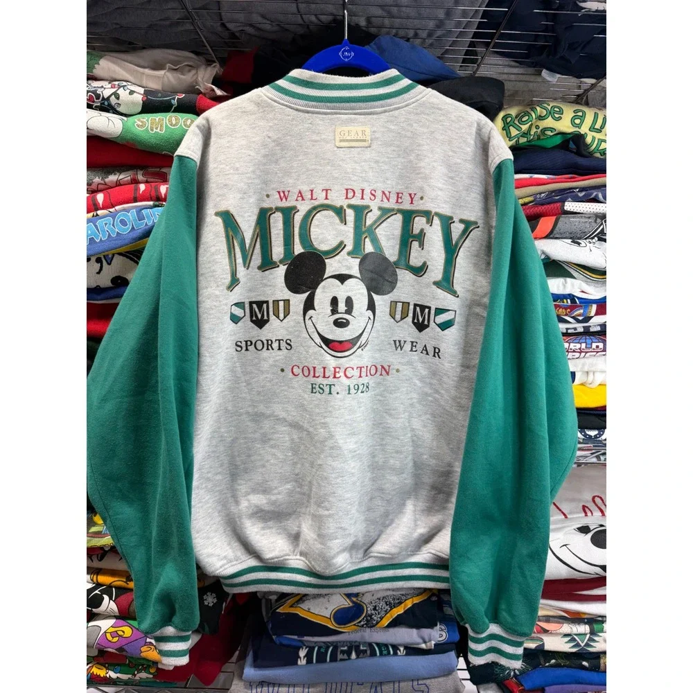 Vintage Gear For Sports Mickey Mouse Disney Varsity Bomber Jacket Grey Green M